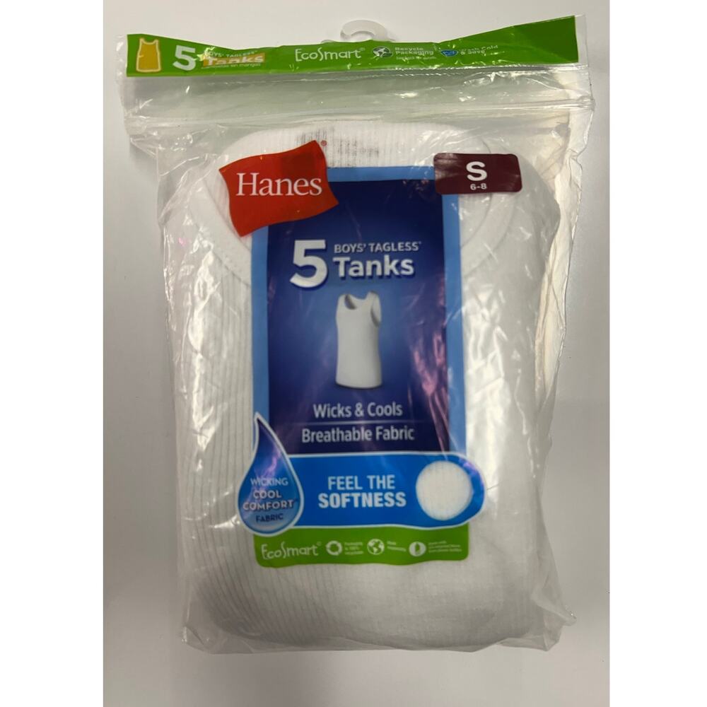 Hanes 5 Boys Tagless Tanks Small 6-8 Breathable Fabric Wicking Cool Comfort Soft